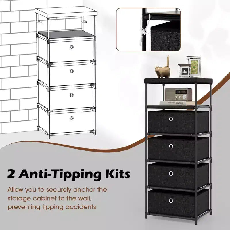 Costway Commode à 4 tiroirs avec étagère et bacs en tissu, unité de rangement industrielle