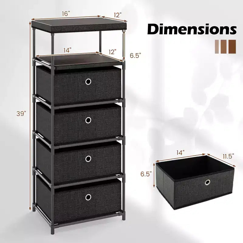 Costway Commode à 4 tiroirs avec étagère et bacs en tissu, unité de rangement industrielle