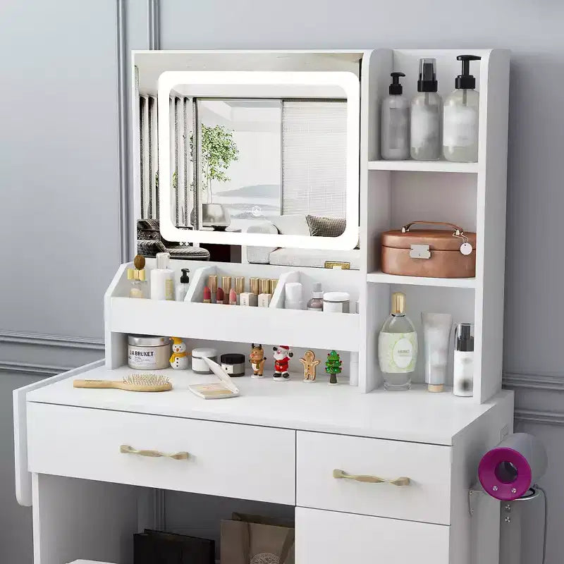Coiffeuse Okak avec miroir LED et prise de courant, coiffeuse avec 3 tiroirs et 7 étagères, ensemble de coiffeuse avec tabouret de rangement pour chambre à coucher