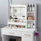 Coiffeuse Okak avec miroir LED et prise de courant, coiffeuse avec 3 tiroirs et 7 étagères, ensemble de coiffeuse avec tabouret de rangement pour chambre à coucher