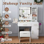 Coiffeuse Okak avec miroir LED et prise de courant, coiffeuse avec 3 tiroirs et 7 étagères, ensemble de coiffeuse avec tabouret de rangement pour chambre à coucher