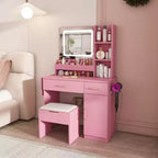 Coiffeuse Okak avec miroir LED et prise de courant, coiffeuse avec 3 tiroirs et 7 étagères, ensemble de coiffeuse avec tabouret de rangement pour chambre à coucher