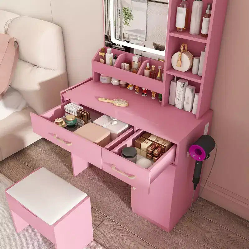 Coiffeuse Okak avec miroir LED et prise de courant, coiffeuse avec 3 tiroirs et 7 étagères, ensemble de coiffeuse avec tabouret de rangement pour chambre à coucher