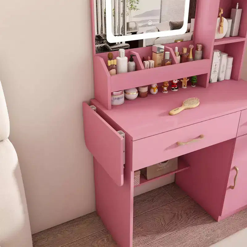 Coiffeuse Okak avec miroir LED et prise de courant, coiffeuse avec 3 tiroirs et 7 étagères, ensemble de coiffeuse avec tabouret de rangement pour chambre à coucher