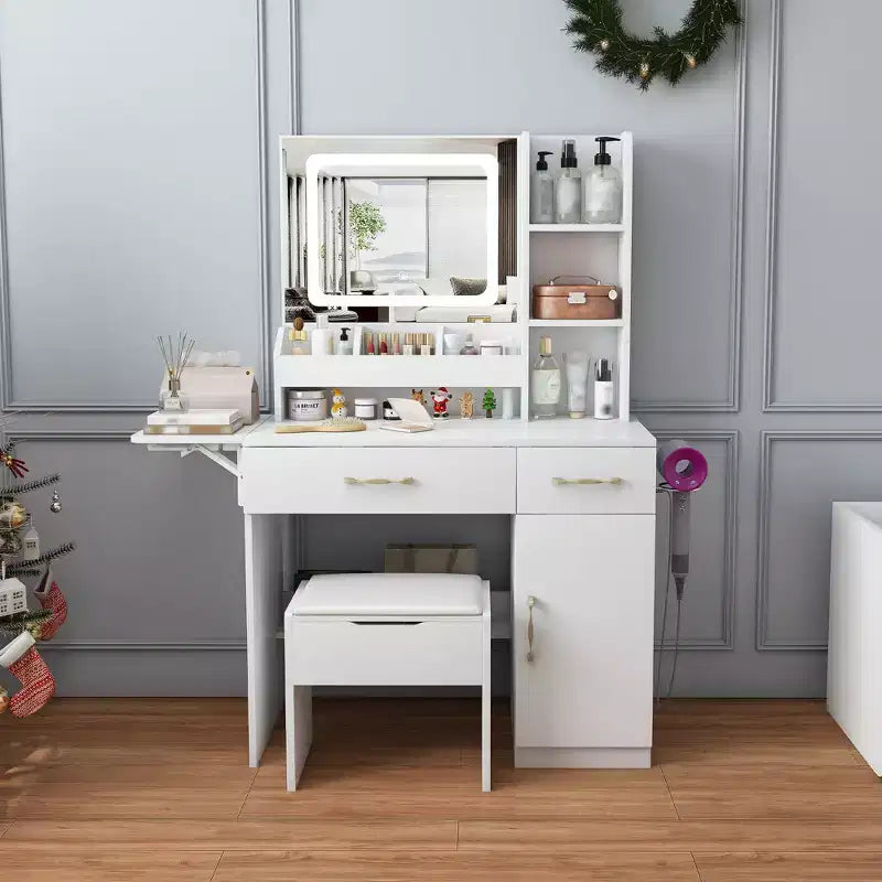 Coiffeuse Okak avec miroir LED et prise de courant, coiffeuse avec 3 tiroirs et 7 étagères, ensemble de coiffeuse avec tabouret de rangement pour chambre à coucher