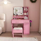 Coiffeuse Okak avec miroir LED et prise de courant, coiffeuse avec 3 tiroirs et 7 étagères, ensemble de coiffeuse avec tabouret de rangement pour chambre à coucher