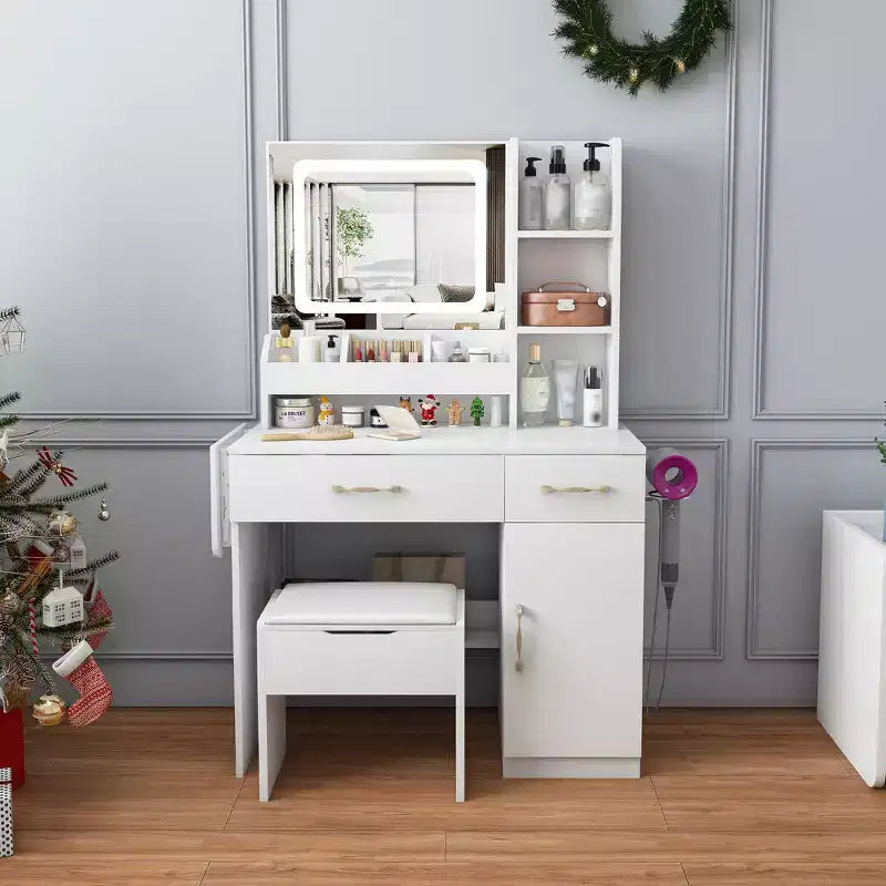 Okak Vanity Desk with LED Mirror and Power Outlet, Makeup Vanity with 3 Drawers and 7 Shelves, Vanity Set with Storage Stool for Bedroom