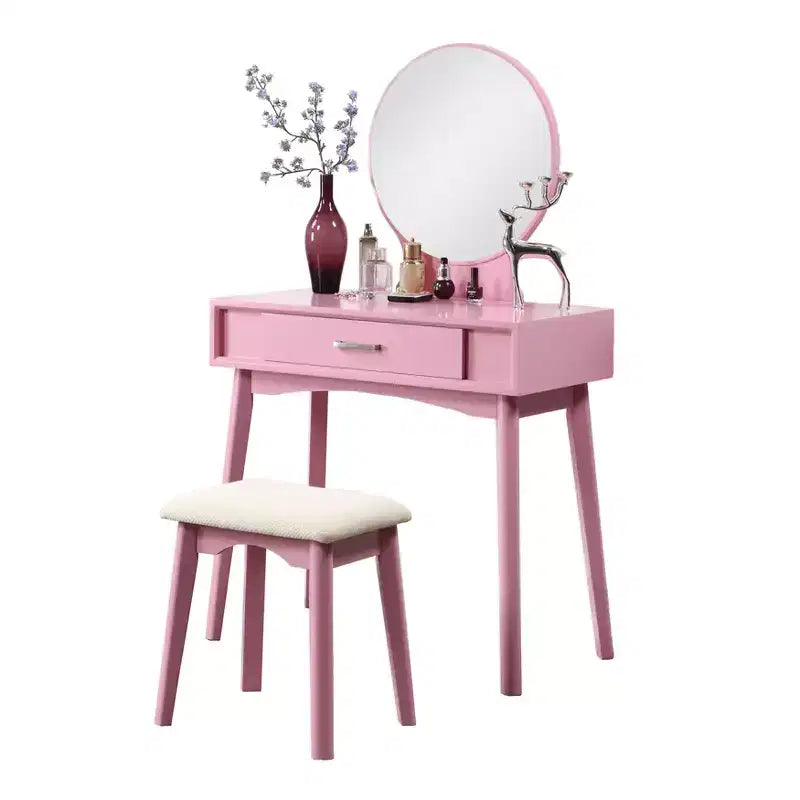 Coiffeuse contemporaine en bois Okak avec tabouret, coiffeuse de maquillage avec miroir rond et 1 tiroir, coiffeuse pour filles pour chambre à coucher, dressing