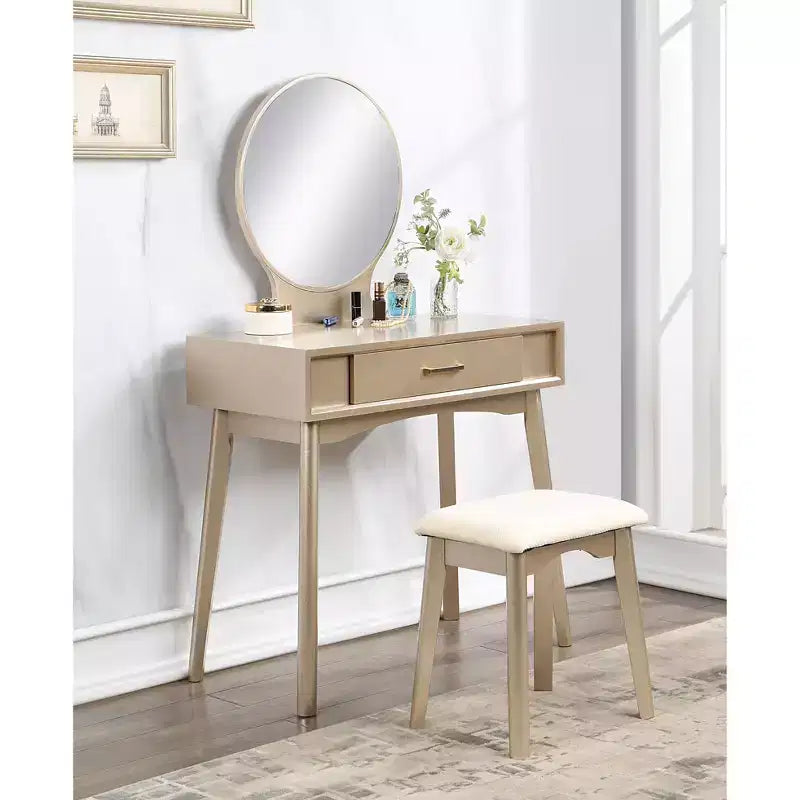 Coiffeuse contemporaine en bois Okak avec tabouret, coiffeuse de maquillage avec miroir rond et 1 tiroir, coiffeuse pour filles pour chambre à coucher, dressing