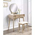 Coiffeuse contemporaine en bois Okak avec tabouret, coiffeuse de maquillage avec miroir rond et 1 tiroir, coiffeuse pour filles pour chambre à coucher, dressing