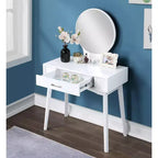 Coiffeuse contemporaine en bois Okak avec tabouret, coiffeuse de maquillage avec miroir rond et 1 tiroir, coiffeuse pour filles pour chambre à coucher, dressing