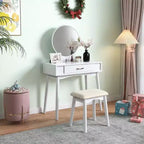 Coiffeuse contemporaine en bois Okak avec tabouret, coiffeuse de maquillage avec miroir rond et 1 tiroir, coiffeuse pour filles pour chambre à coucher, dressing