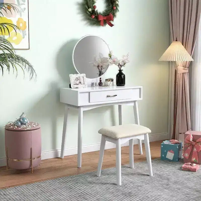 Coiffeuse contemporaine en bois Okak avec tabouret, coiffeuse de maquillage avec miroir rond et 1 tiroir, coiffeuse pour filles pour chambre à coucher, dressing