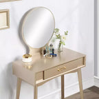 Coiffeuse contemporaine en bois Okak avec tabouret, coiffeuse de maquillage avec miroir rond et 1 tiroir, coiffeuse pour filles pour chambre à coucher, dressing