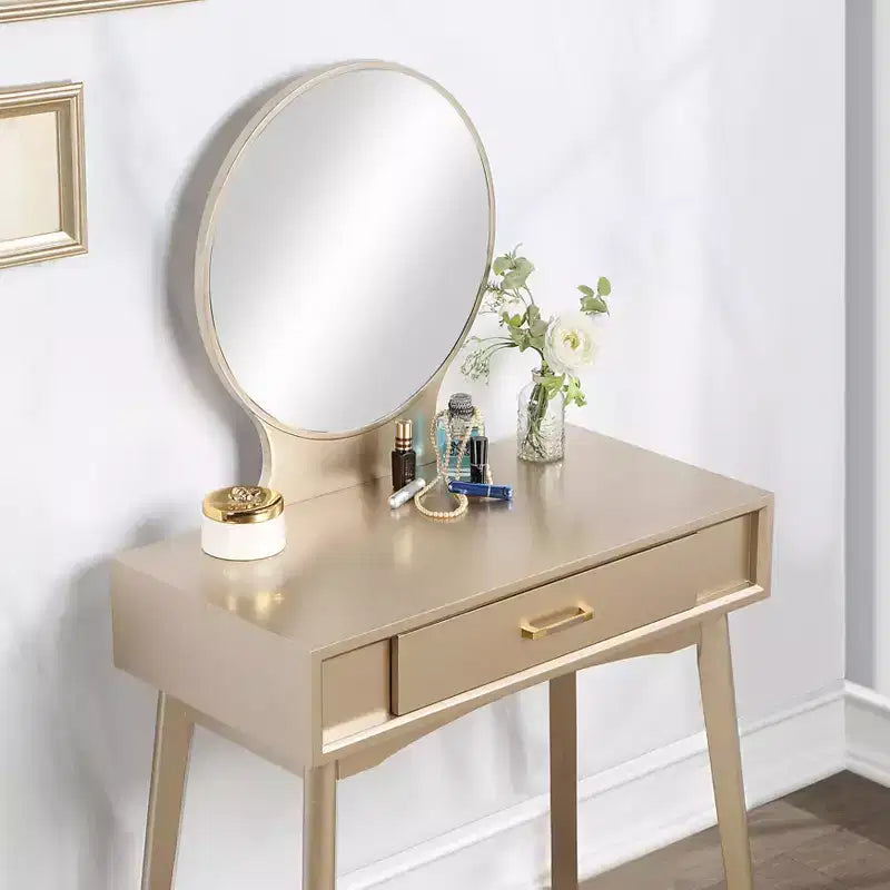 Coiffeuse contemporaine en bois Okak avec tabouret, coiffeuse de maquillage avec miroir rond et 1 tiroir, coiffeuse pour filles pour chambre à coucher, dressing