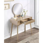 Coiffeuse contemporaine en bois Okak avec tabouret, coiffeuse de maquillage avec miroir rond et 1 tiroir, coiffeuse pour filles pour chambre à coucher, dressing