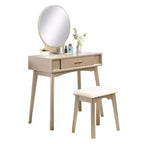 Coiffeuse contemporaine en bois Okak avec tabouret, coiffeuse de maquillage avec miroir rond et 1 tiroir, coiffeuse pour filles pour chambre à coucher, dressing