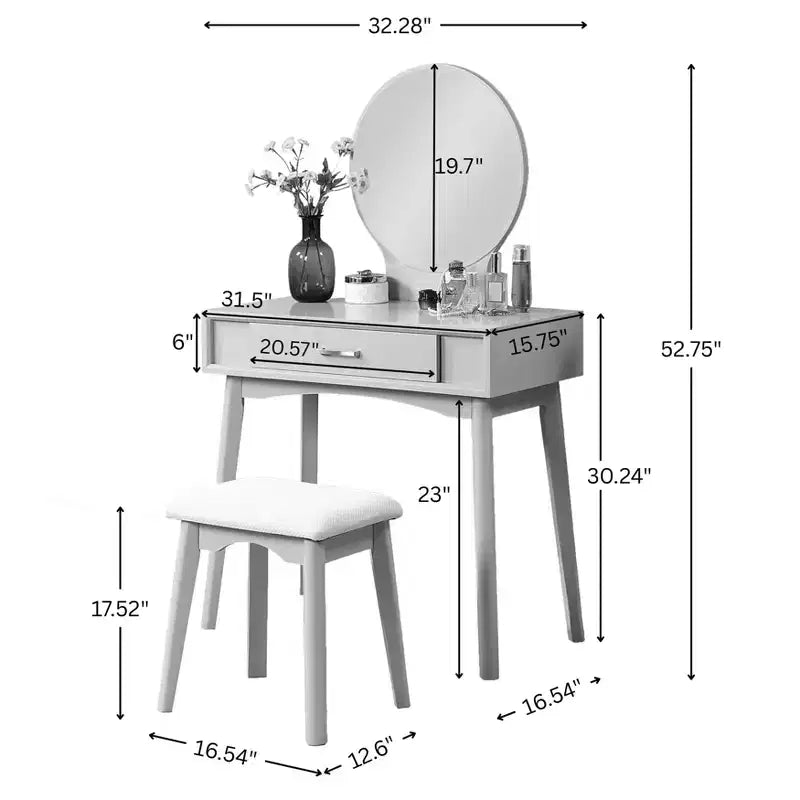 Coiffeuse contemporaine en bois Okak avec tabouret, coiffeuse de maquillage avec miroir rond et 1 tiroir, coiffeuse pour filles pour chambre à coucher, dressing
