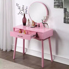Coiffeuse contemporaine en bois Okak avec tabouret, coiffeuse de maquillage avec miroir rond et 1 tiroir, coiffeuse pour filles pour chambre à coucher, dressing