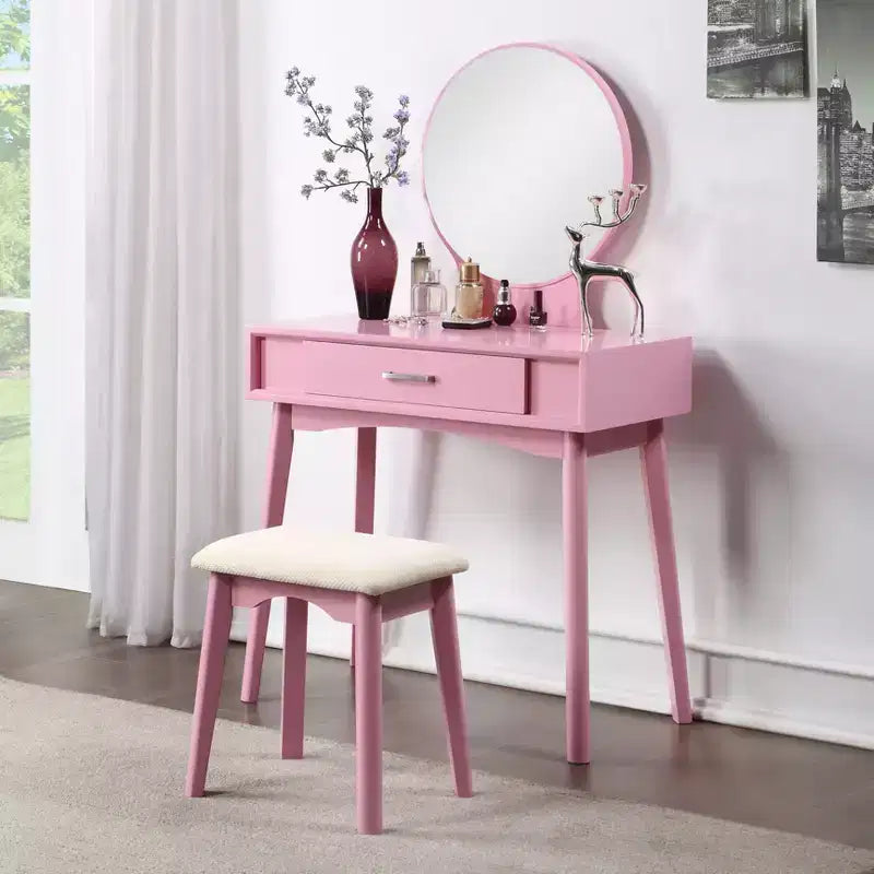 Coiffeuse contemporaine en bois Okak avec tabouret, coiffeuse de maquillage avec miroir rond et 1 tiroir, coiffeuse pour filles pour chambre à coucher, dressing