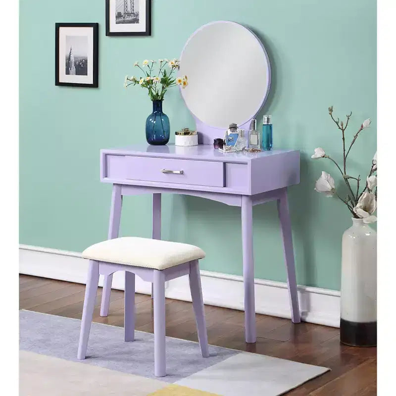 Coiffeuse contemporaine en bois Okak avec tabouret, coiffeuse de maquillage avec miroir rond et 1 tiroir, coiffeuse pour filles pour chambre à coucher, dressing