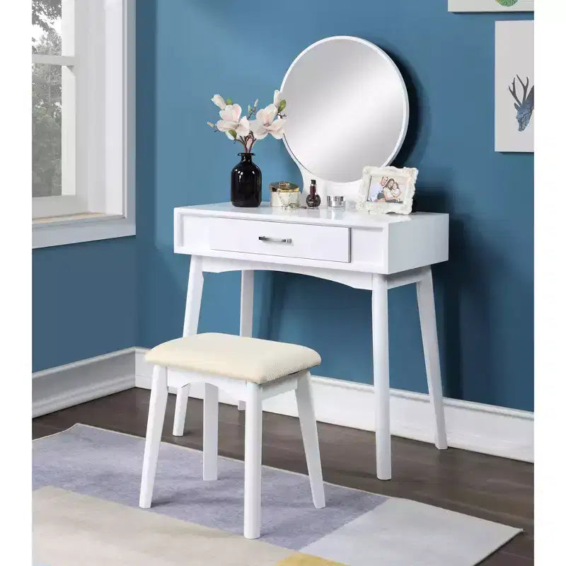 Coiffeuse contemporaine en bois Okak avec tabouret, coiffeuse de maquillage avec miroir rond et 1 tiroir, coiffeuse pour filles pour chambre à coucher, dressing