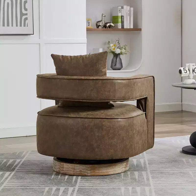 TUYOHW Fauteuil d'appoint pivotant 29.1W, fauteuil de salon rembourré avec base en bois d'hévéa vieilli, fauteuil club en similicuir pour salon, bureau