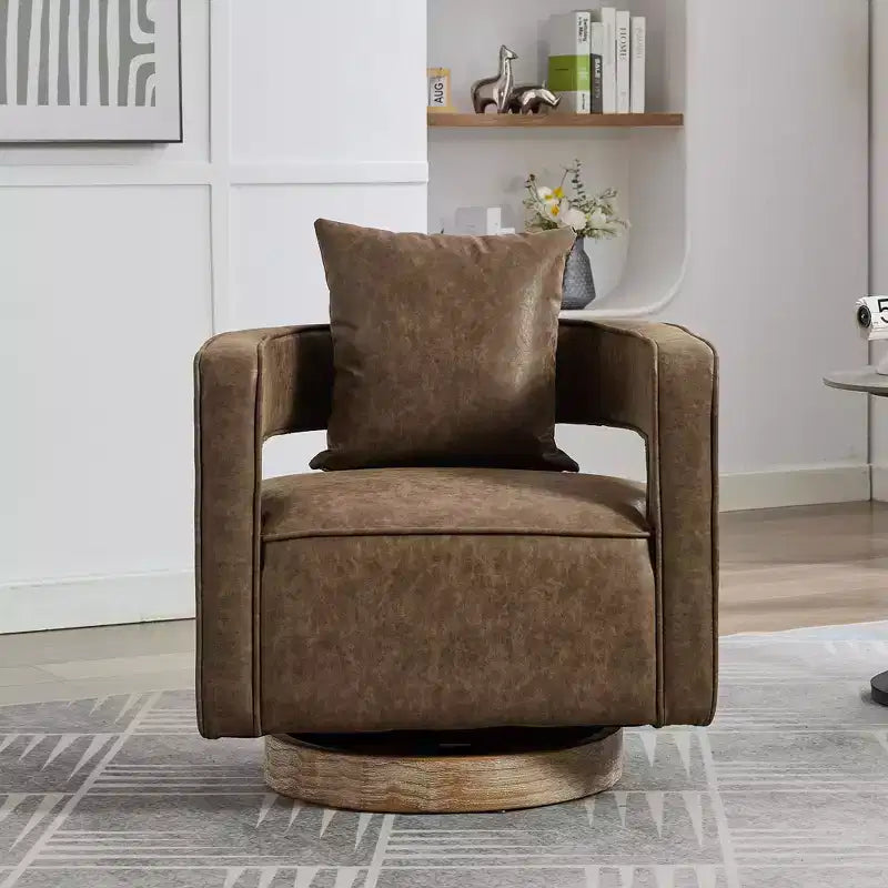 TUYOHW Fauteuil d'appoint pivotant 29.1W, fauteuil de salon rembourré avec base en bois d'hévéa vieilli, fauteuil club en similicuir pour salon, bureau