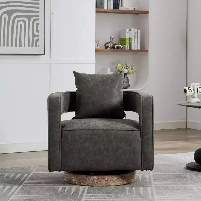 TUYOHW Fauteuil d'appoint pivotant 29.1W, fauteuil de salon rembourré avec base en bois d'hévéa vieilli, fauteuil club en similicuir pour salon, bureau