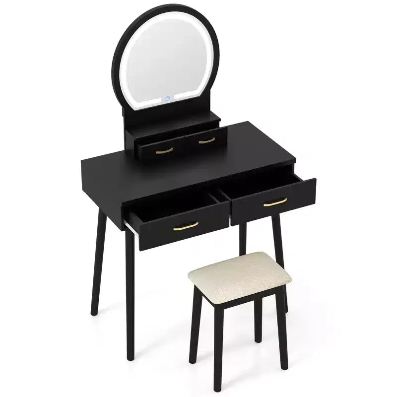Coiffeuse Costway avec miroir et lumières, tabouret rembourré, 3 couleurs d'éclairage réglables