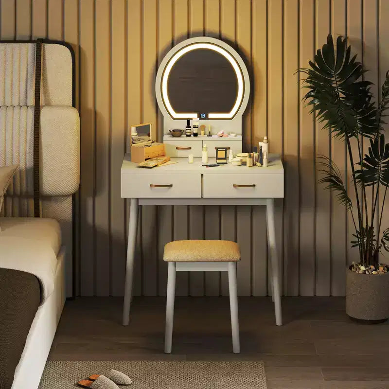 Coiffeuse Costway avec miroir et lumières, tabouret rembourré, 3 couleurs d'éclairage réglables
