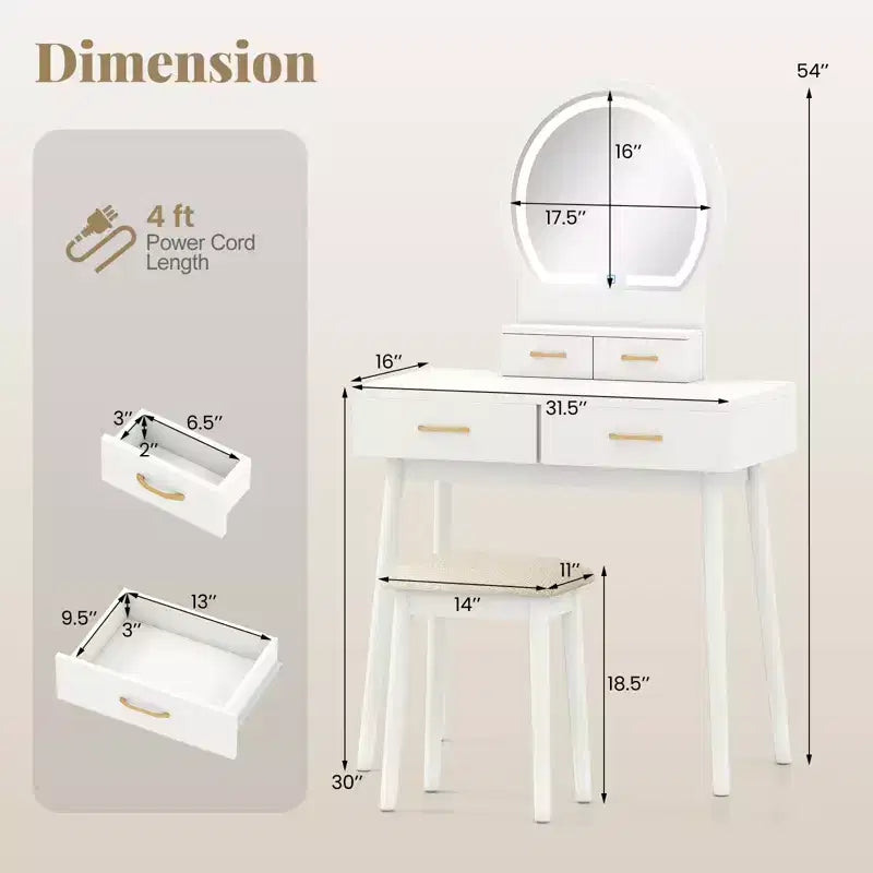 Coiffeuse Costway avec miroir et lumières, tabouret rembourré, 3 couleurs d'éclairage réglables