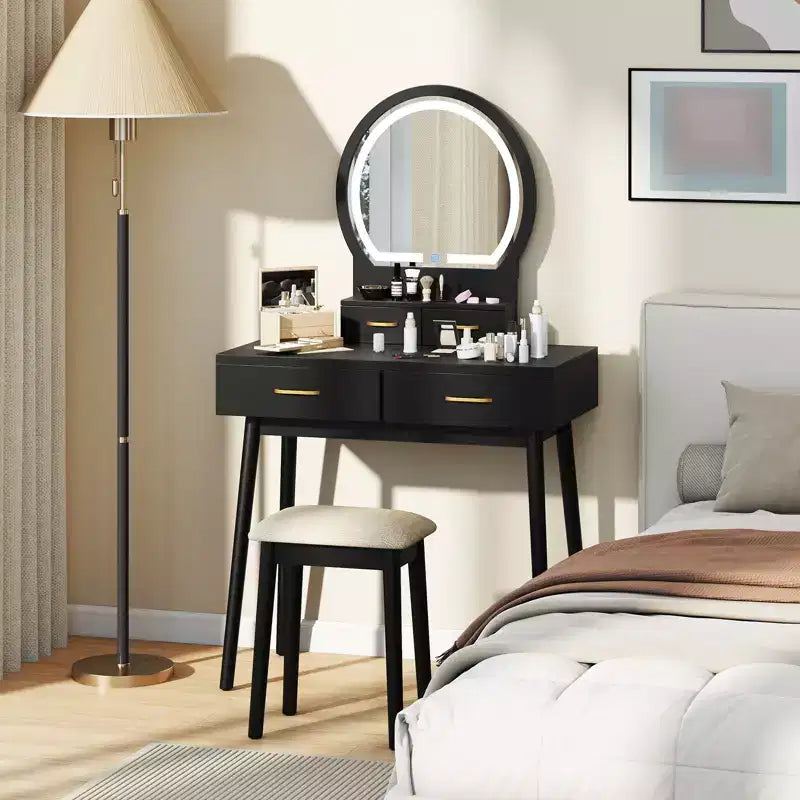 Coiffeuse Costway avec miroir et lumières, tabouret rembourré, 3 couleurs d'éclairage réglables