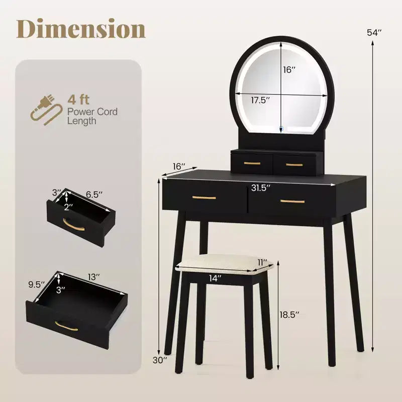 Coiffeuse Costway avec miroir et lumières, tabouret rembourré, 3 couleurs d'éclairage réglables