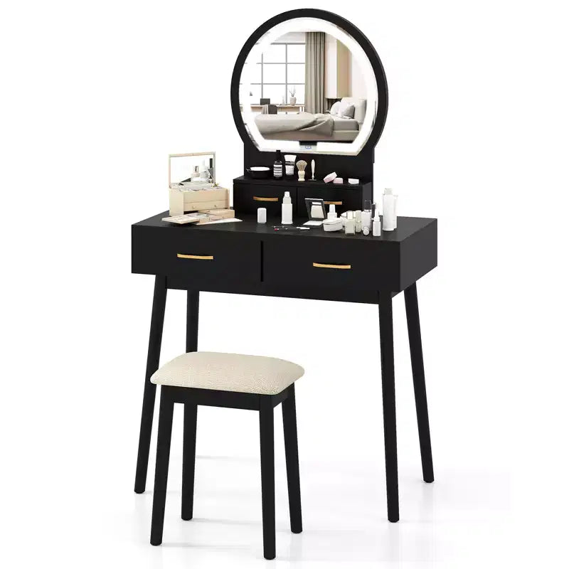 Costway Small Vanity Desk w/Mirror & Lights Cushioned Stool 3 Adjustable Lighting Colors
