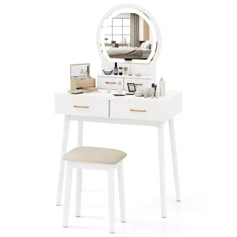 Coiffeuse Costway avec miroir et lumières, tabouret rembourré, 3 couleurs d'éclairage réglables