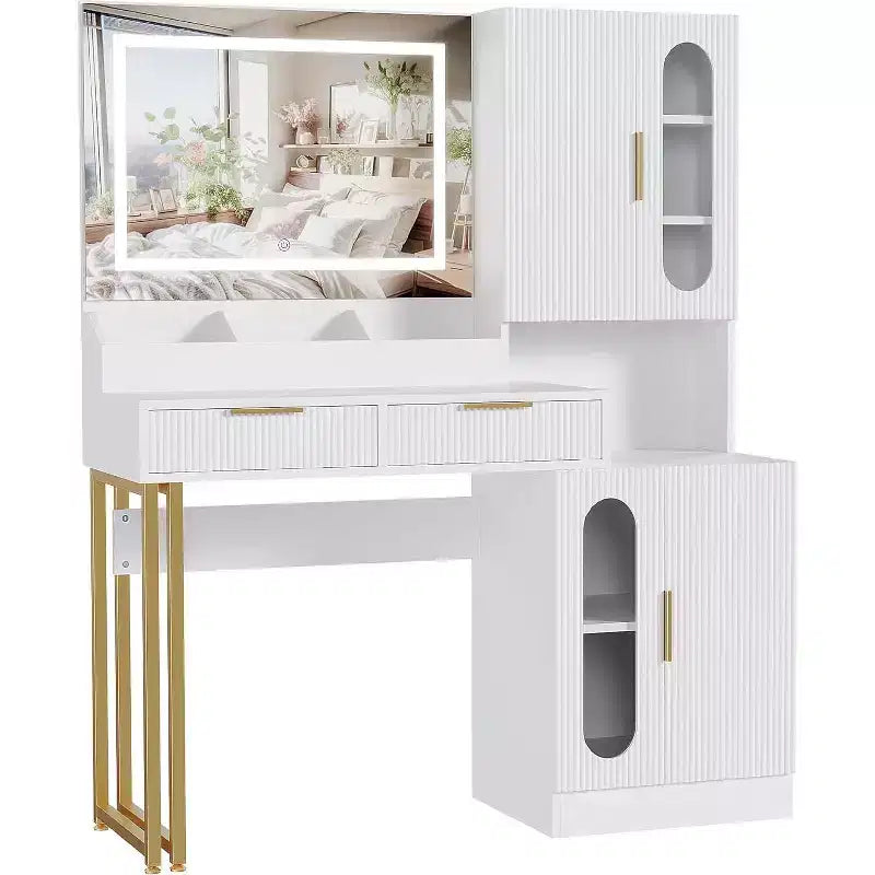 Coiffeuse moderne Acekool avec miroir, tiroirs et armoires, table de maquillage cannelée pour chambre à coucher