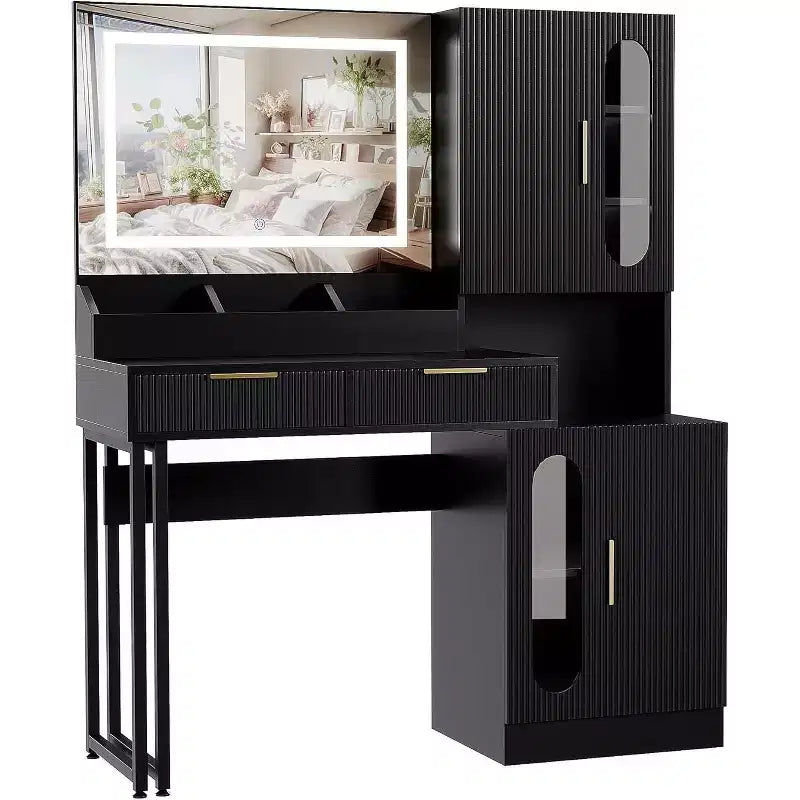 Coiffeuse moderne Acekool avec miroir, tiroirs et armoires, table de maquillage cannelée pour chambre à coucher