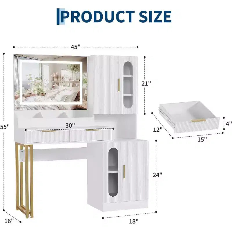 Coiffeuse moderne Acekool avec miroir, tiroirs et armoires, table de maquillage cannelée pour chambre à coucher