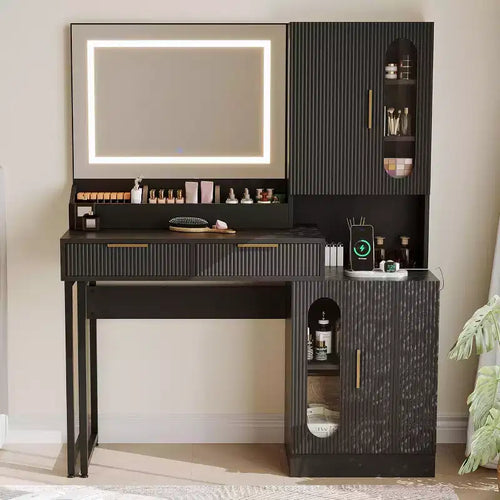 Acekool Modern Vanity Desk with Mirror, Drawers & Cabinets, Fluted Makeup Table for Bedroom