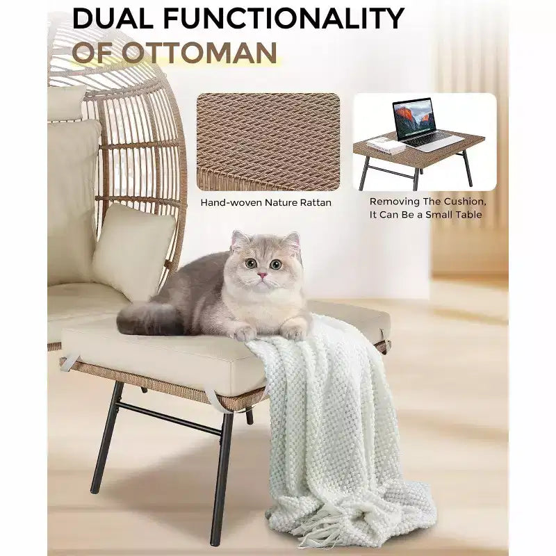 Fauteuil œuf en osier d'extérieur avec ottoman, chaises longues de patio en rotin surdimensionnées, coussin épais, capacité de 440 livres, pour la détente sur la terrasse, le porche et dans le jardin