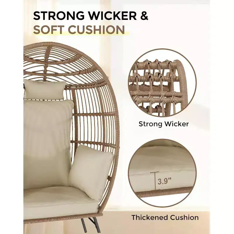Fauteuil œuf en osier d'extérieur avec ottoman, chaises longues de patio en rotin surdimensionnées, coussin épais, capacité de 440 livres, pour la détente sur la terrasse, le porche et dans le jardin
