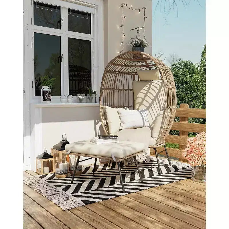 Fauteuil œuf en osier d'extérieur avec ottoman, chaises longues de patio en rotin surdimensionnées, coussin épais, capacité de 440 livres, pour la détente sur la terrasse, le porche et dans le jardin