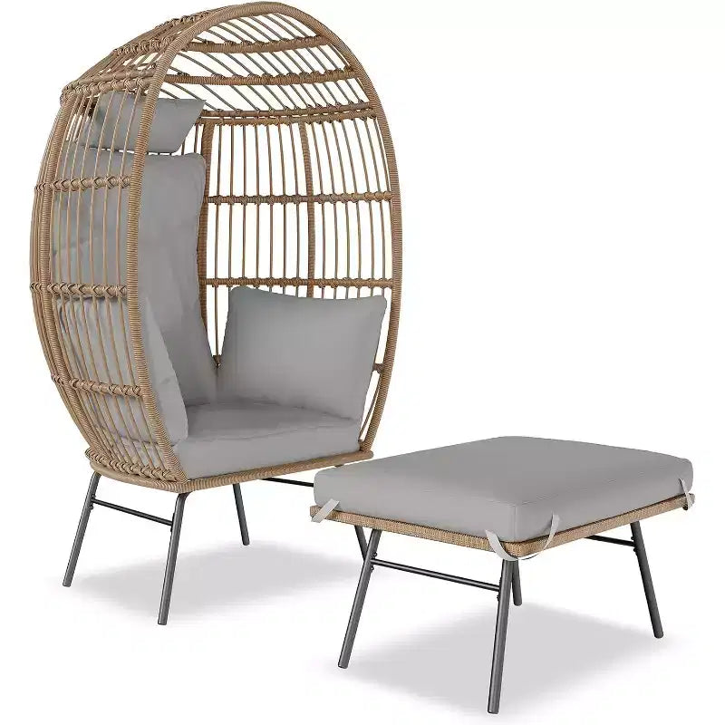 Fauteuil œuf en osier d'extérieur avec ottoman, chaises longues de patio en rotin surdimensionnées, coussin épais, capacité de 440 livres, pour la détente sur la terrasse, le porche et dans le jardin