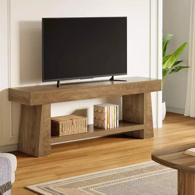 Meuble TV Lantine 63 pouces pour téléviseurs 55/60/65/70 pouces, meuble de divertissement en bois à 2 niveaux, console média pour salon, chambre à coucher