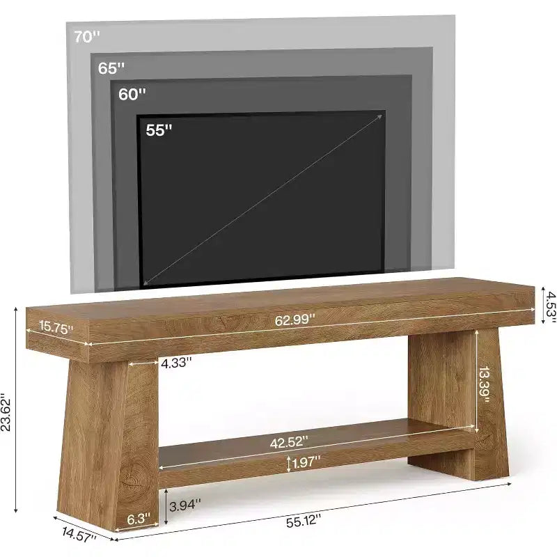 Meuble TV Lantine 63 pouces pour téléviseurs 55/60/65/70 pouces, meuble de divertissement en bois à 2 niveaux, console média pour salon, chambre à coucher