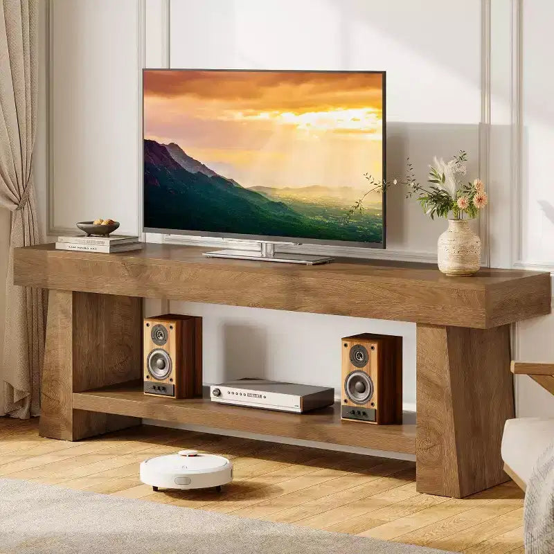 Meuble TV Lantine 63 pouces pour téléviseurs 55/60/65/70 pouces, meuble de divertissement en bois à 2 niveaux, console média pour salon, chambre à coucher