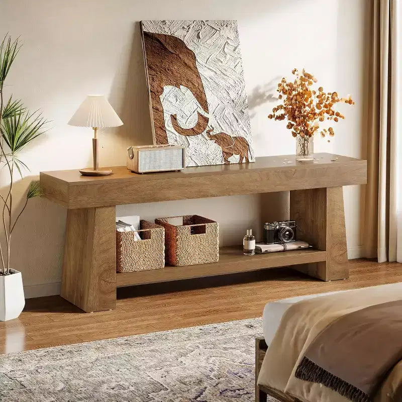 Meuble TV Lantine 63 pouces pour téléviseurs 55/60/65/70 pouces, meuble de divertissement en bois à 2 niveaux, console média pour salon, chambre à coucher