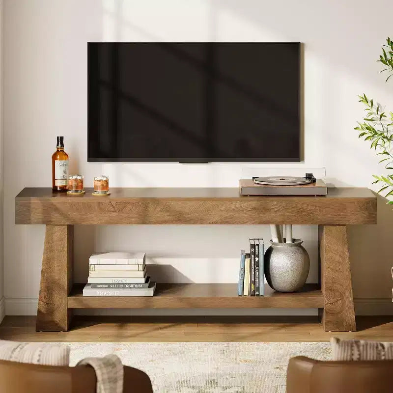 Meuble TV Lantine 63 pouces pour téléviseurs 55/60/65/70 pouces, meuble de divertissement en bois à 2 niveaux, console média pour salon, chambre à coucher