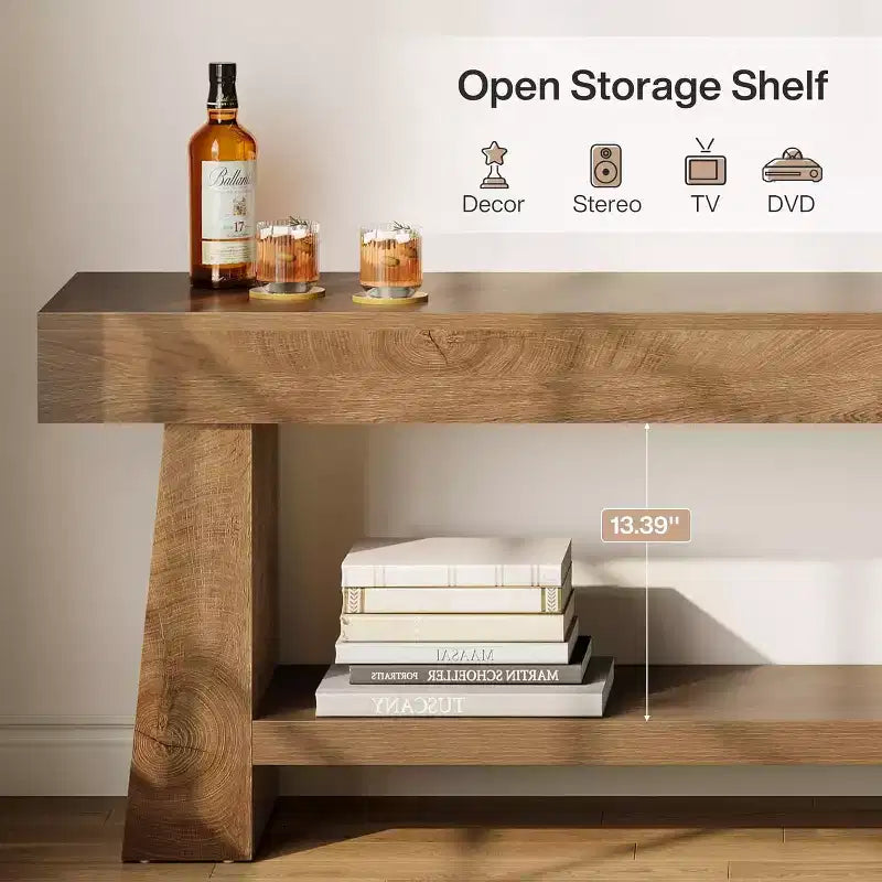 Meuble TV Lantine 63 pouces pour téléviseurs 55/60/65/70 pouces, meuble de divertissement en bois à 2 niveaux, console média pour salon, chambre à coucher